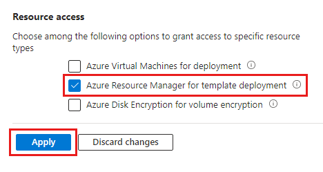 Schermopname van de toegangsconfiguratie van de sleutelkluis waarmee Azure Resource Manager kan worden geïmplementeerd voor sjabloonimplementatie.