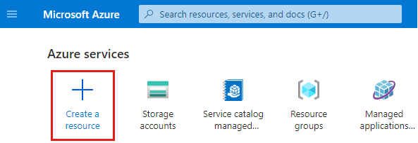 Schermopname van de startpagina van Azure Portal met een resource maken gemarkeerd.