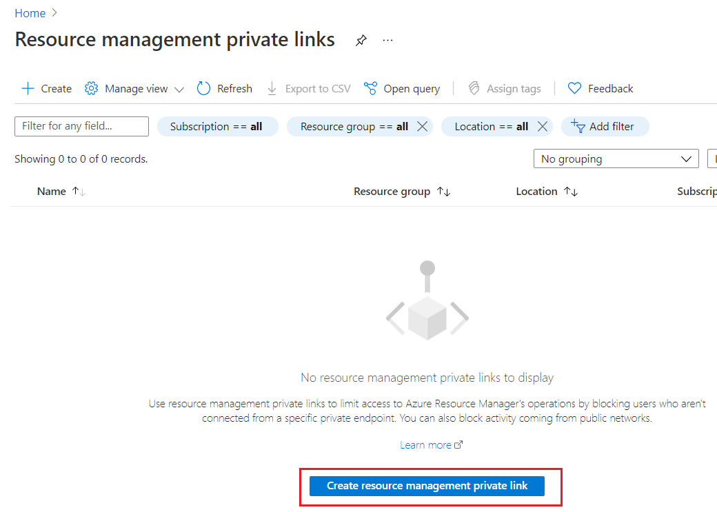 Schermopname van Azure Portal met de knop Privékoppeling resourcebeheer maken.