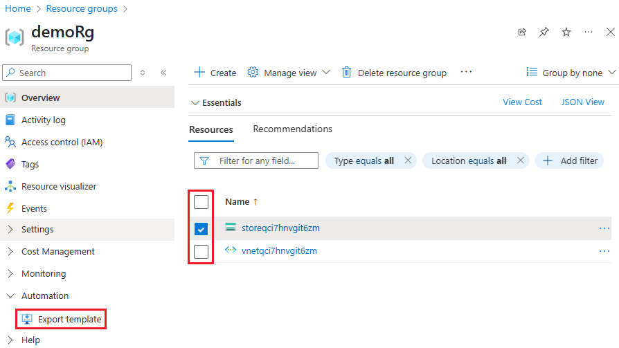 Schermopname van het exporteren van één resource in Azure Portal.