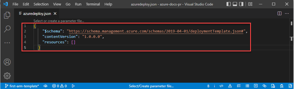 Schermopname van Visual Studio Code met een lege ARM-sjabloon met JSON-structuur in de editor.