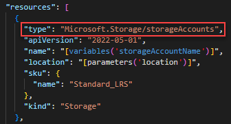 Schermopname van Visual Studio Code met de definitie van het opslagaccount in een ARM-sjabloon.