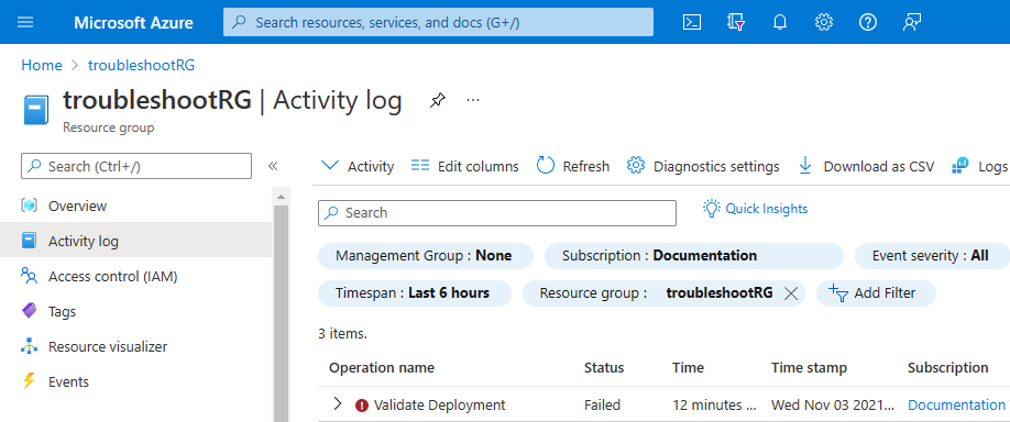 Schermopname van het activiteitenlogboek van de Azure-resourcegroep met een preflight-foutvermelding met een rood uitroeptekenpictogram.