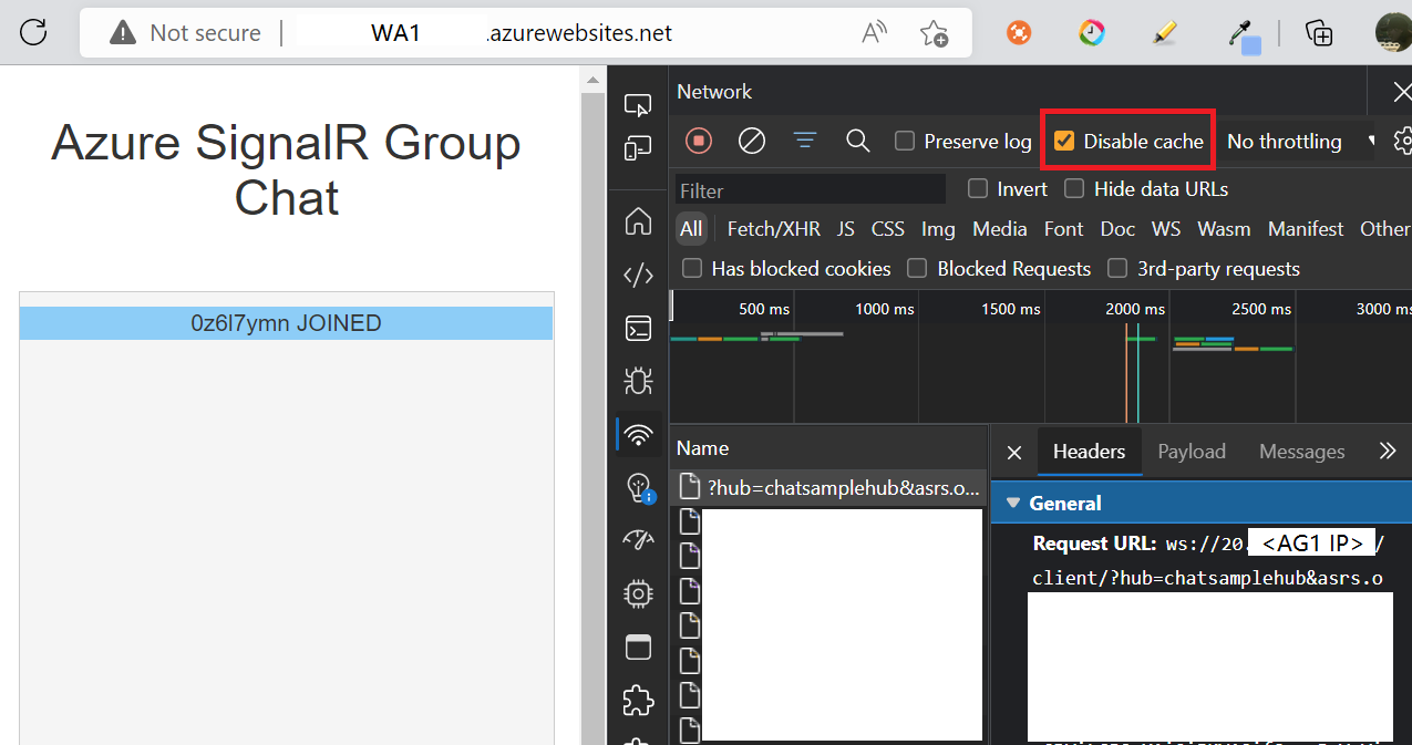 Schermopname van het uitvoeren van een chattoepassing in Azure met App Gateway en SignalR Service.