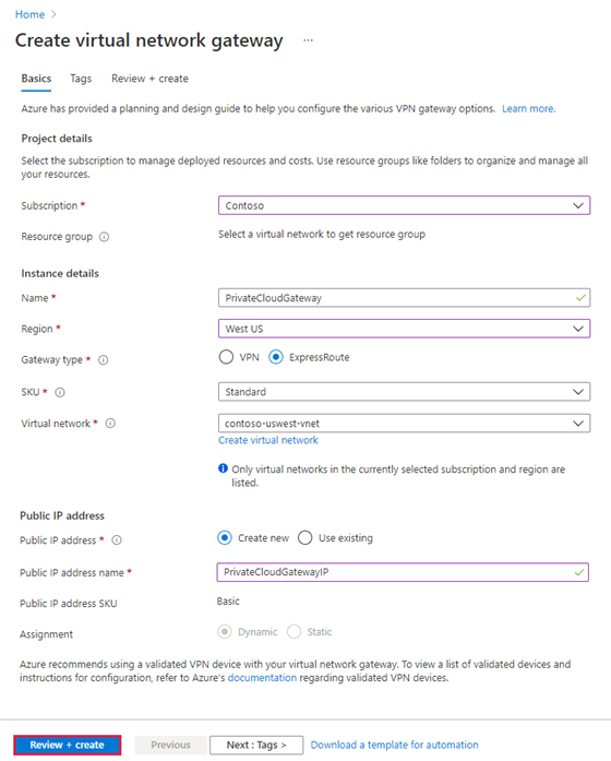 Schermopname van de details voor een gateway van een virtueel netwerk.