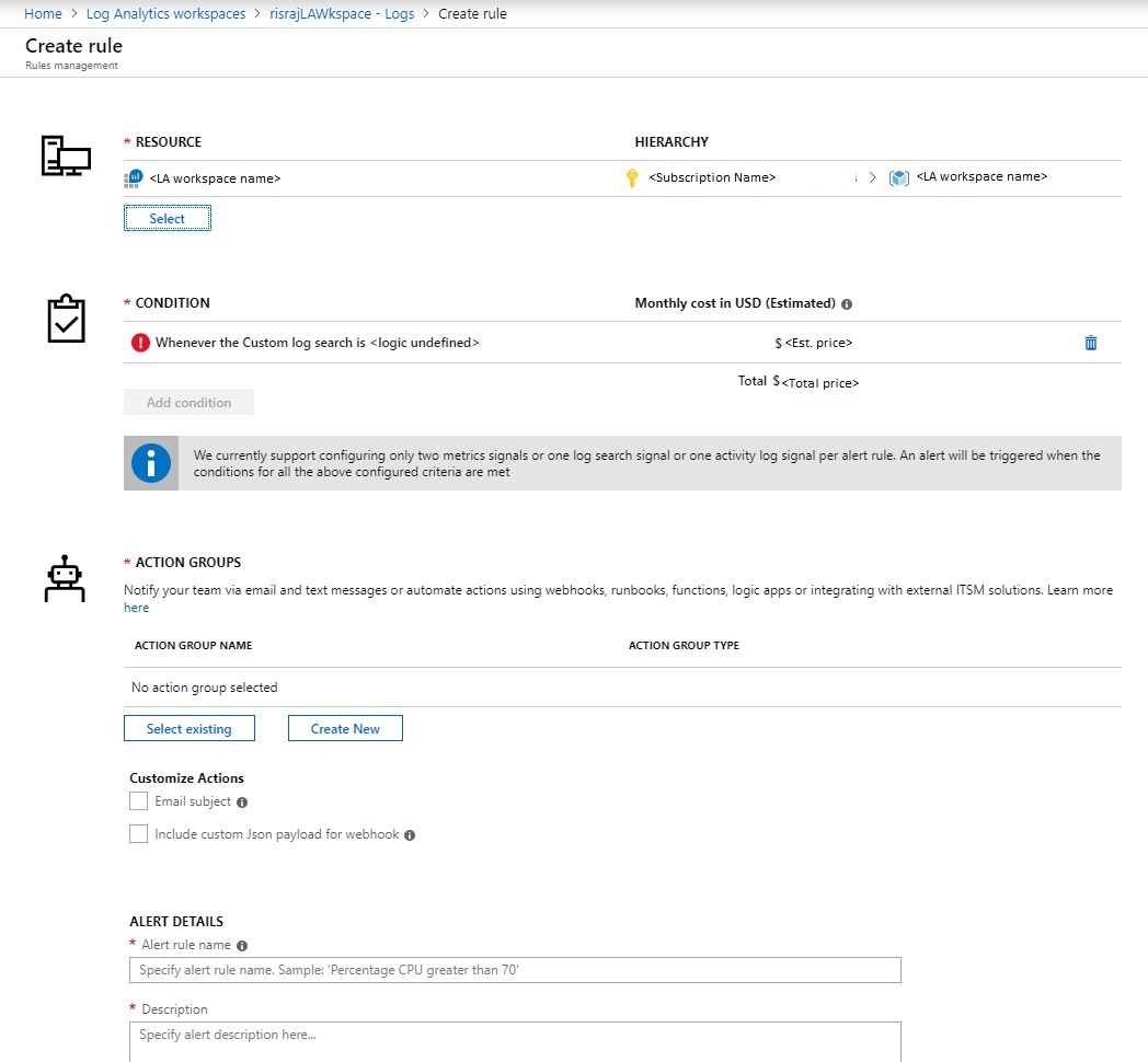 De pagina voor het maken van waarschuwingen in Log Analytics