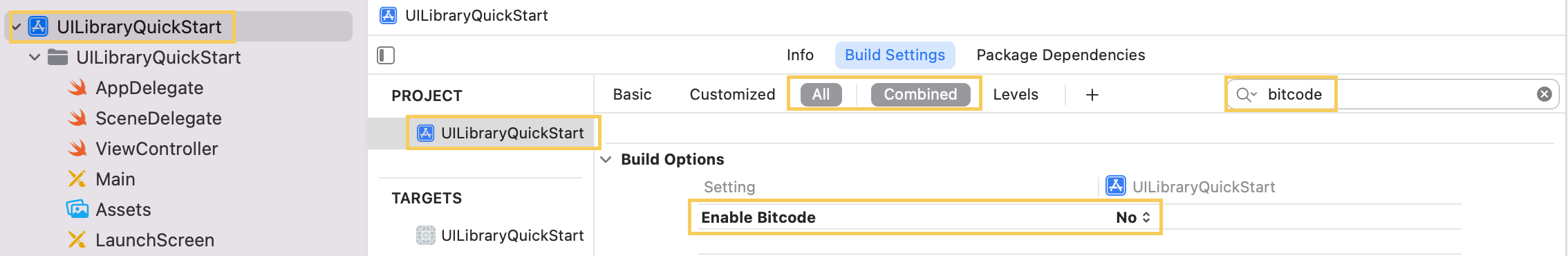 Schermopname van de optie Build Settings om Bitcode uit te schakelen.