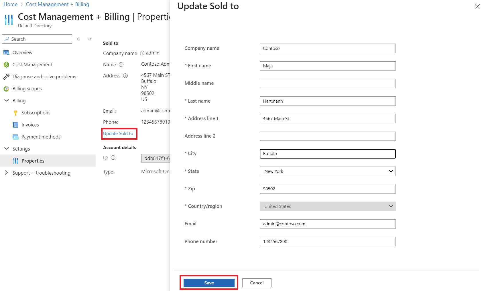 Schermopname van het updateadres voor het MOSP-factureringsaccount.