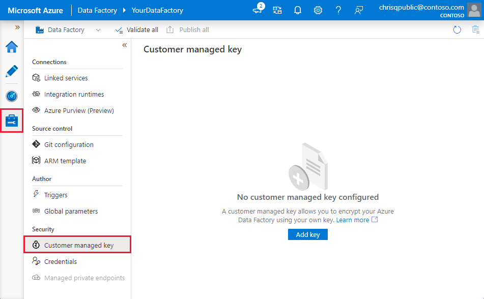 Schermopname van het inschakelen van door de klant beheerde sleutel in de gebruikersinterface van Data Factory.