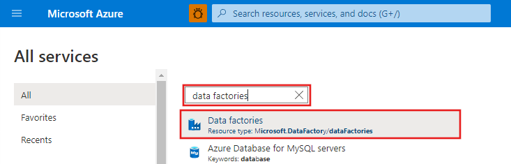 Schermopname van de pagina Alle services in Azure Portal gefilterd op Data Factory's.