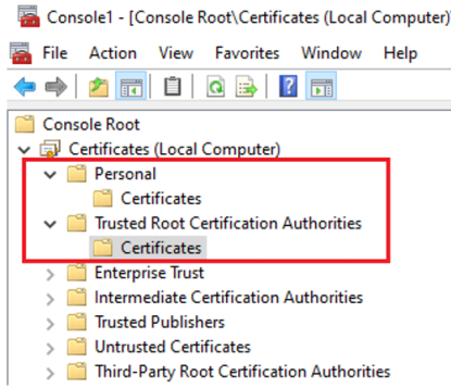 Schermopname van het certificaat dat is geïnstalleerd in het archief persoonlijke en vertrouwde basiscertificeringsinstanties.