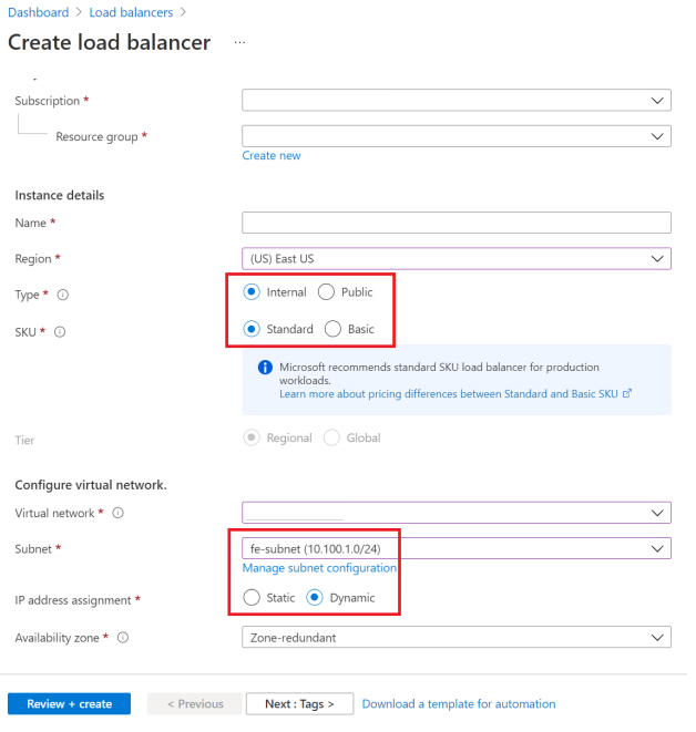 Schermopname van de stap voor het maken van een standard load balancer.