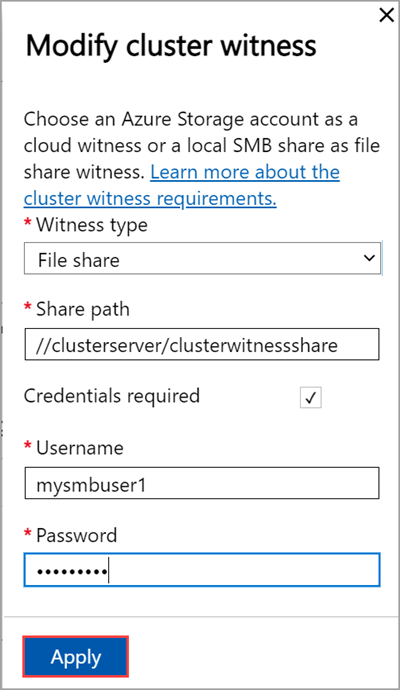 Pagina Cluster van lokale webgebruikersinterface met lokaal witness-type geselecteerd op de blade Clusterwitness wijzigen op het eerste knooppunt