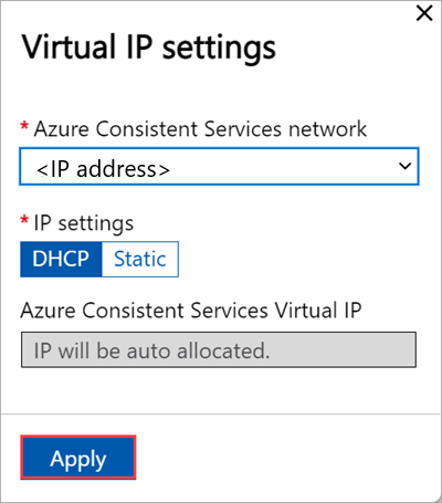 De pagina Cluster van lokale webgebruikersinterface met de blade Virtuele IP-instellingen geconfigureerd voor consistente Azure-services op het eerste knooppunt