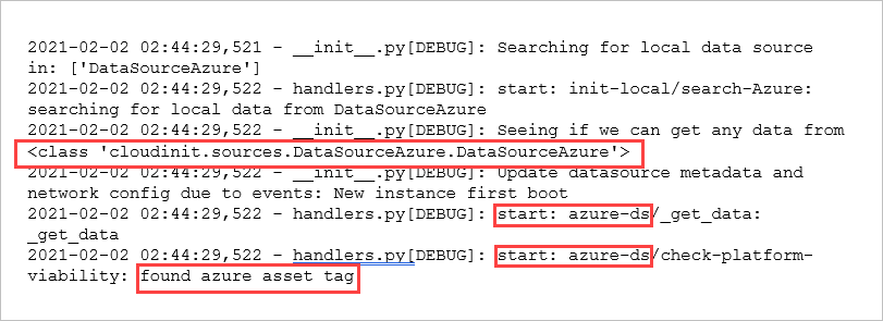 Afbeelding van een cloud-init-logboekvermelding voor een VM-installatiekopieën met de gegevensbron die is ingesteld op Azure. De identificatietekst is gemarkeerd.