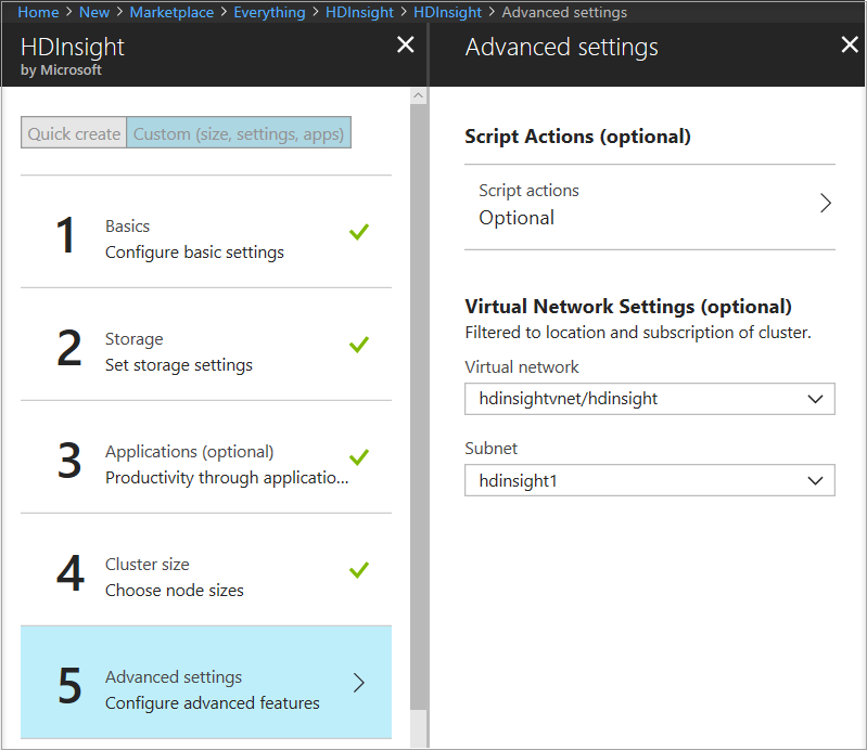 Deelvensters HDInsight en Geavanceerde instellingen, met instellingen voor virtueel netwerk