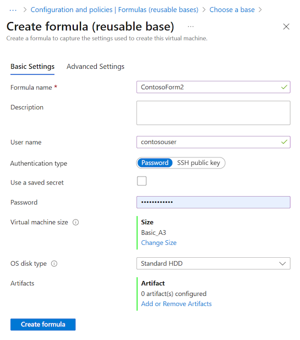 Schermopname van het tabblad Standaardconfiguratie van basisinstellingen voor het toevoegen van een formule in DevTest Labs.