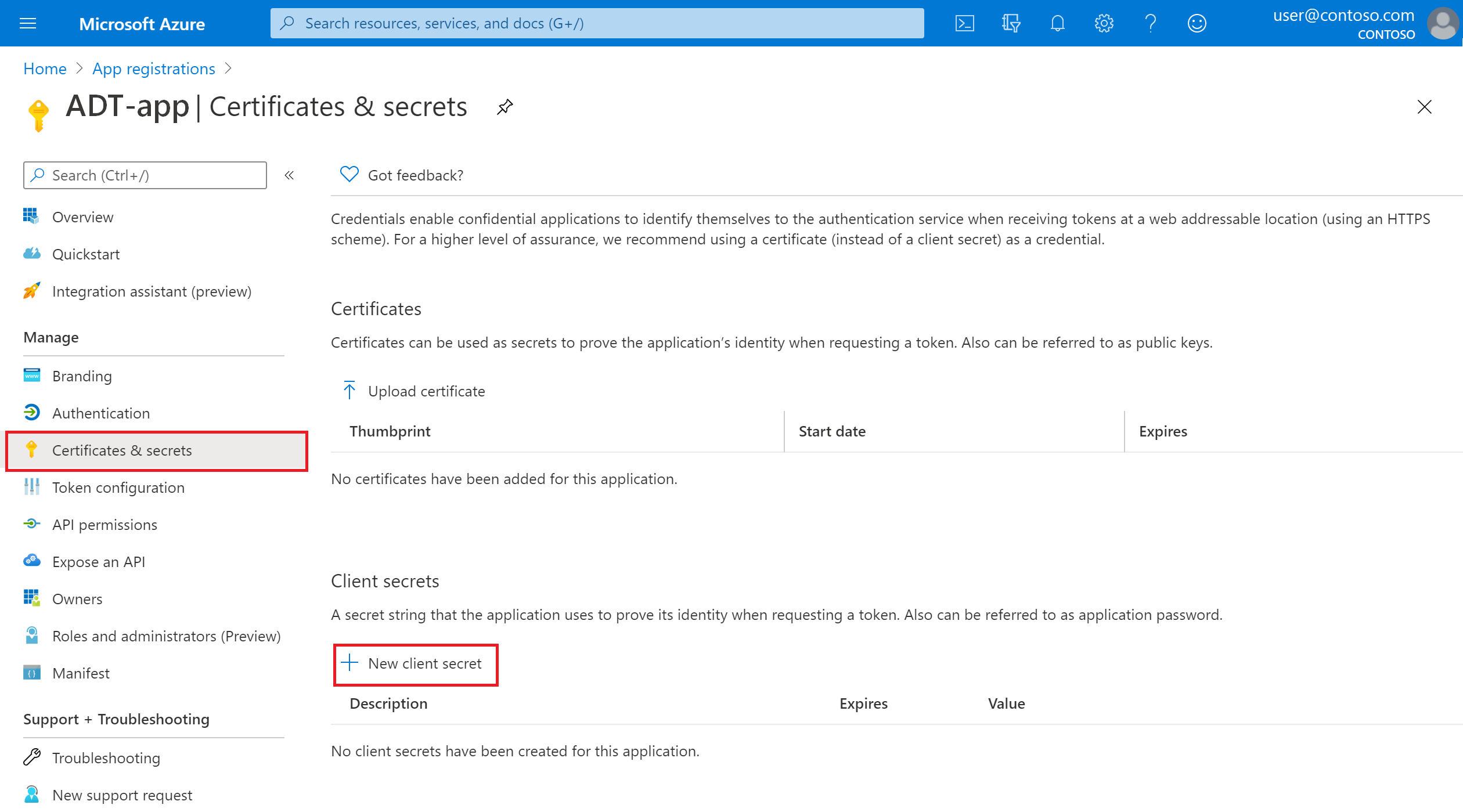 Schermopname van Azure Portal met de registratie van een Microsoft Entra-app en een markering rond 'Nieuw clientgeheim'.