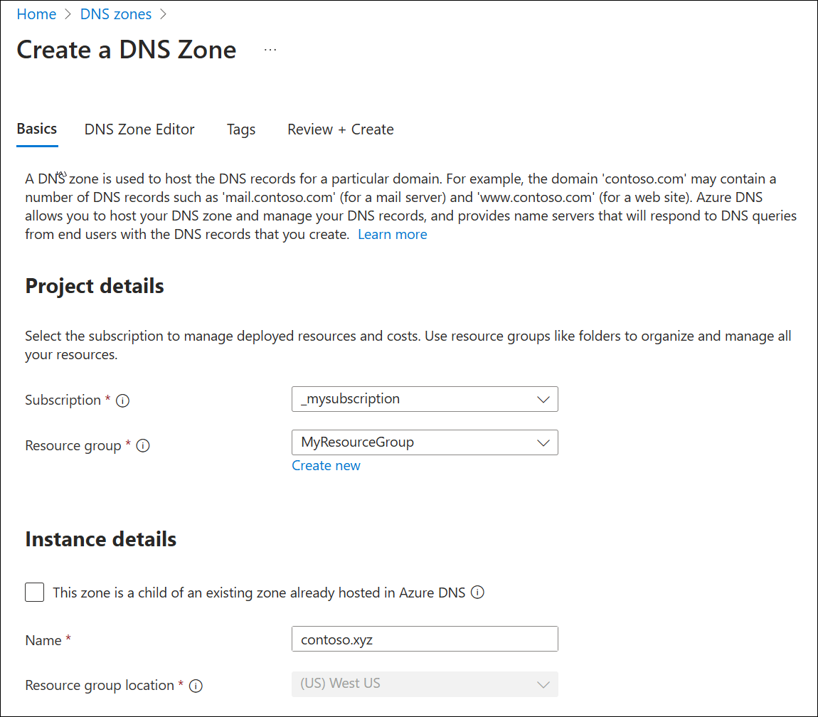 Schermopname van de pagina DNS-zone maken met de instellingen die in deze zelfstudie worden gebruikt om een bovenliggende DNS-zone te maken.