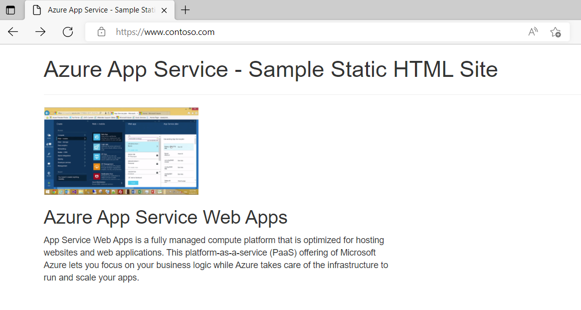 Schermopname van de contoso Azure-app Service Web App geopend via een webbrowser.