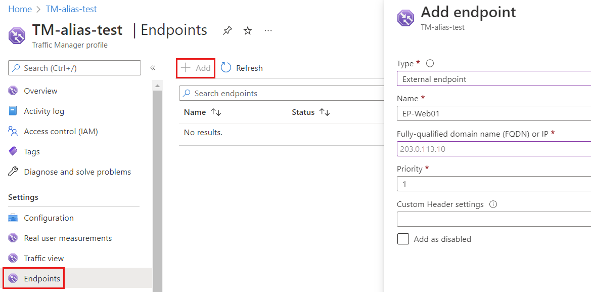 Schermopname van de pagina Eindpunten in het Traffic Manager-profiel met de geselecteerde instellingen voor het toevoegen van een eindpunt.