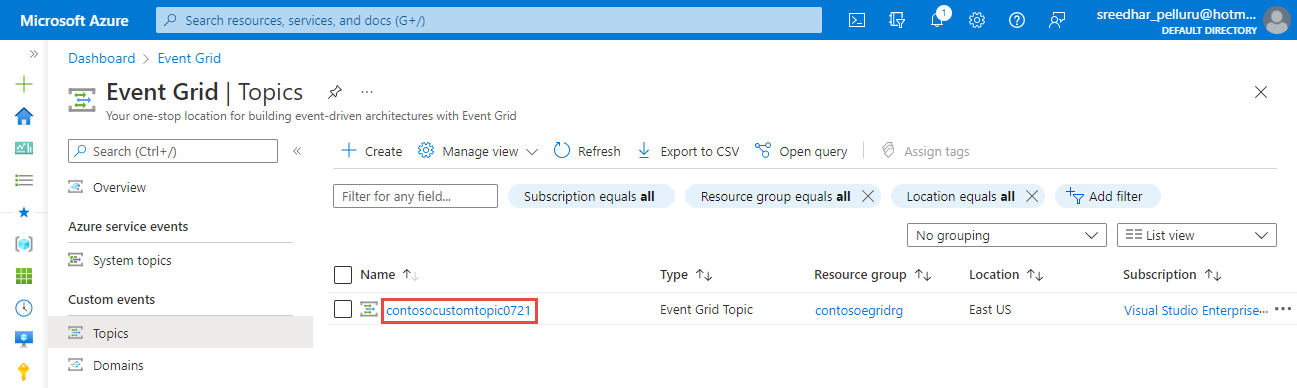 Screenshot showing the selection of the topic in the list of Event Grid topics.