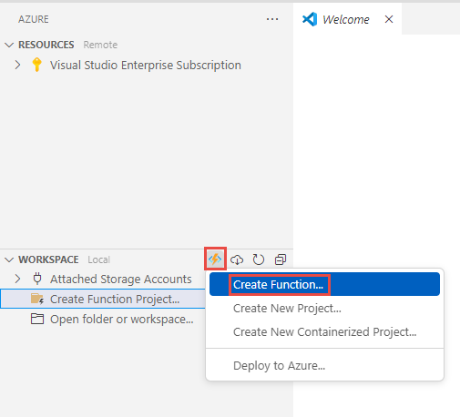 Schermopname van het tabblad Azure van Visual Studio Code met de menuopdracht voor het maken van een functie.