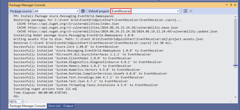 Schermopname van het EventReceiver-project dat is geselecteerd in de Pakketbeheer Console.