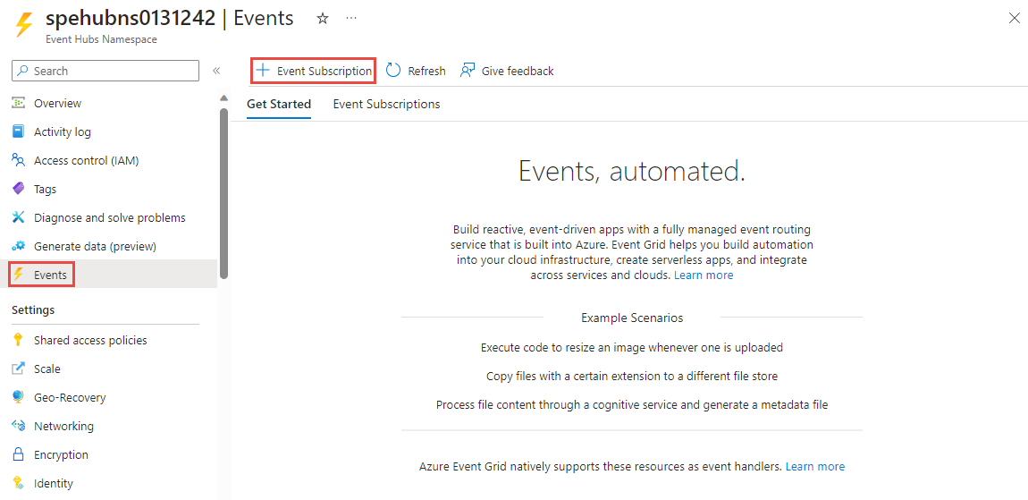 Schermopname van de pagina Gebeurtenissen voor een Event Hubs-naamruimte met de koppeling Gebeurtenisabonnement toevoegen geselecteerd. 