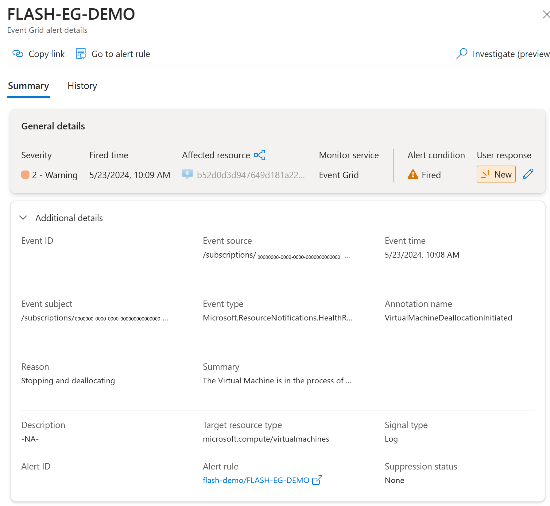 Schermopname van de voorbeeldwaarschuwing Resource Annotated in Azure Monitor.