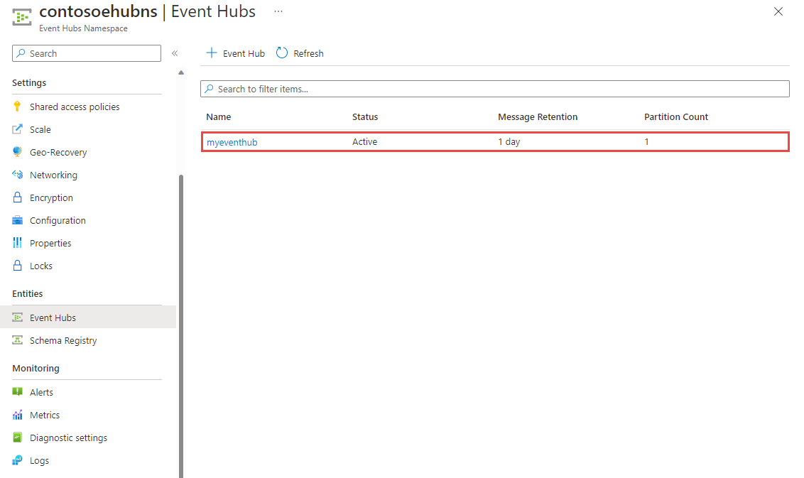 Schermopname van de lijst met Event Hubs.