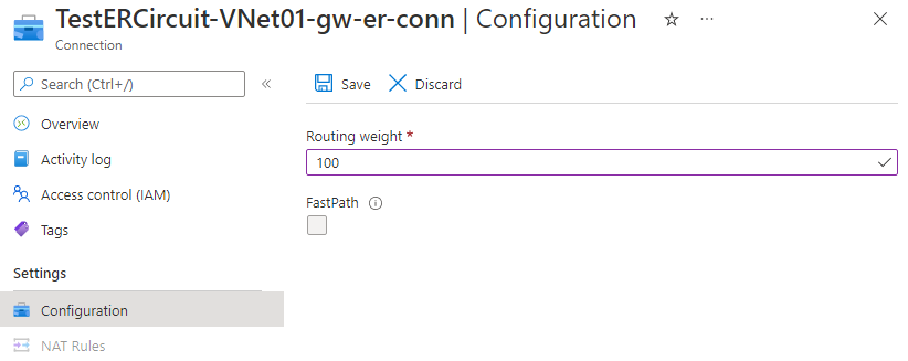 Schermopname van het configureren van verbindingsgewicht via Azure Portal.