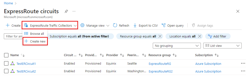 Schermopname van de knop Nieuwe ExpressRoute Traffic Collector maken op de pagina met de lijst met ExpressRoute-circuits.