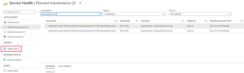 Schermopname van het selecteren van statusgeschiedenis in Service Health.