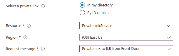 Schermopname van het selecteren van een private link-service in uw eigen directory.