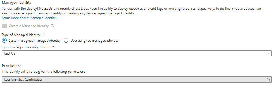 Schermopname van een beleidstoewijzing die een door het systeem toegewezen beheerde identiteit maakt in VS - oost met machtigingen voor Inzender voor Log Analytics.