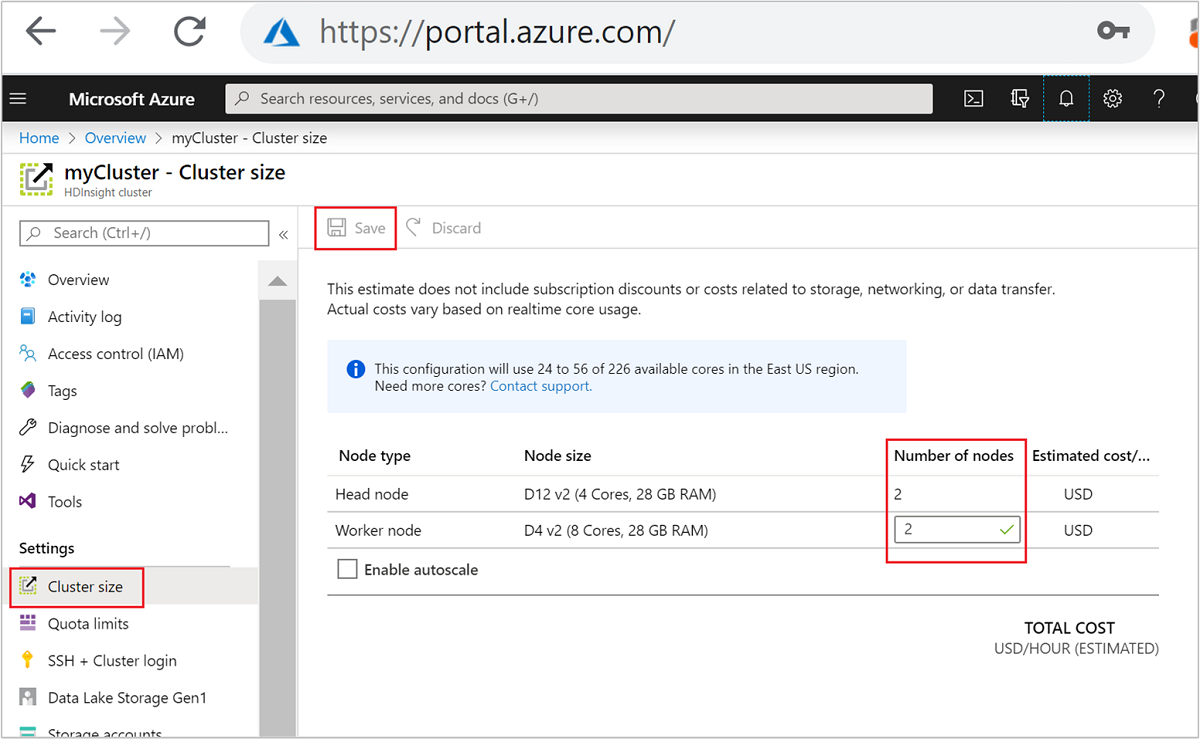 Azure Portal-clusteroptie schalen.