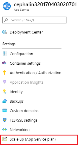 Schermopname van het menu 'Instellingen' en 'Omhoog schalen (App Service-plan)' geselecteerd.