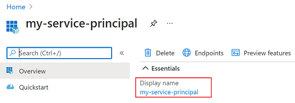Schermopname van de weergavenaam van de service-principal.