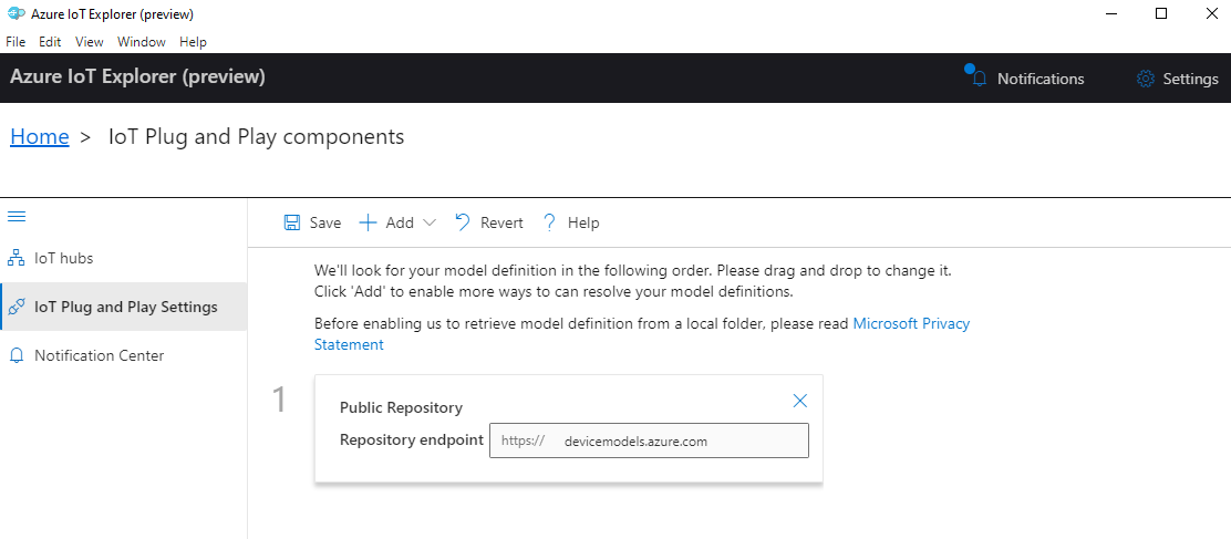 Schermopname van het toevoegen van de openbare modelopslagplaats in IoT Explorer