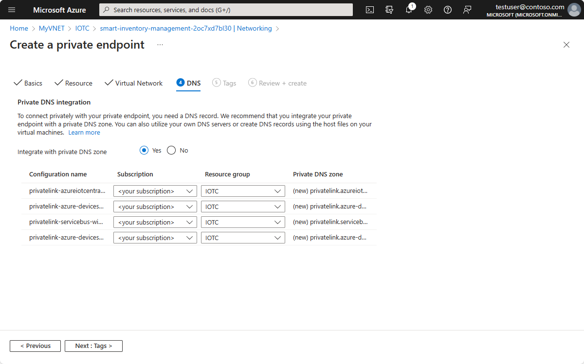 Schermopname van Azure Portal met privé-DNS-integratie.