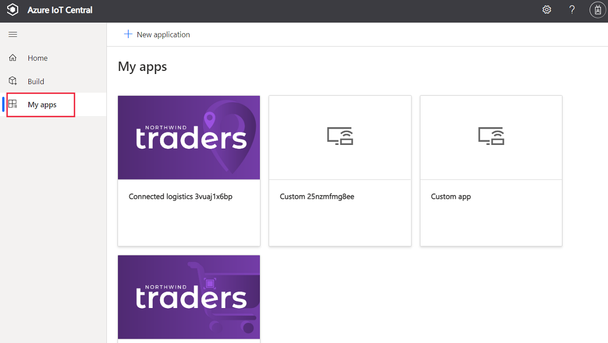 Schermopname van Het IoT Central-app-beheer met een lijst met toepassingen waartoe u toegang hebt.