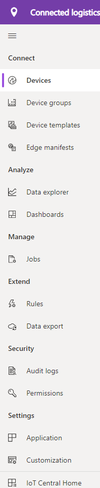 Schermopname van het linkernavigatiedeelvenster van IoT Central.