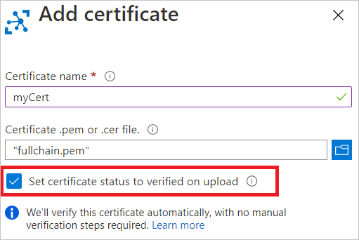 Schermopname van het uploaden van een certificaat en het instellen van de status op geverifieerd.