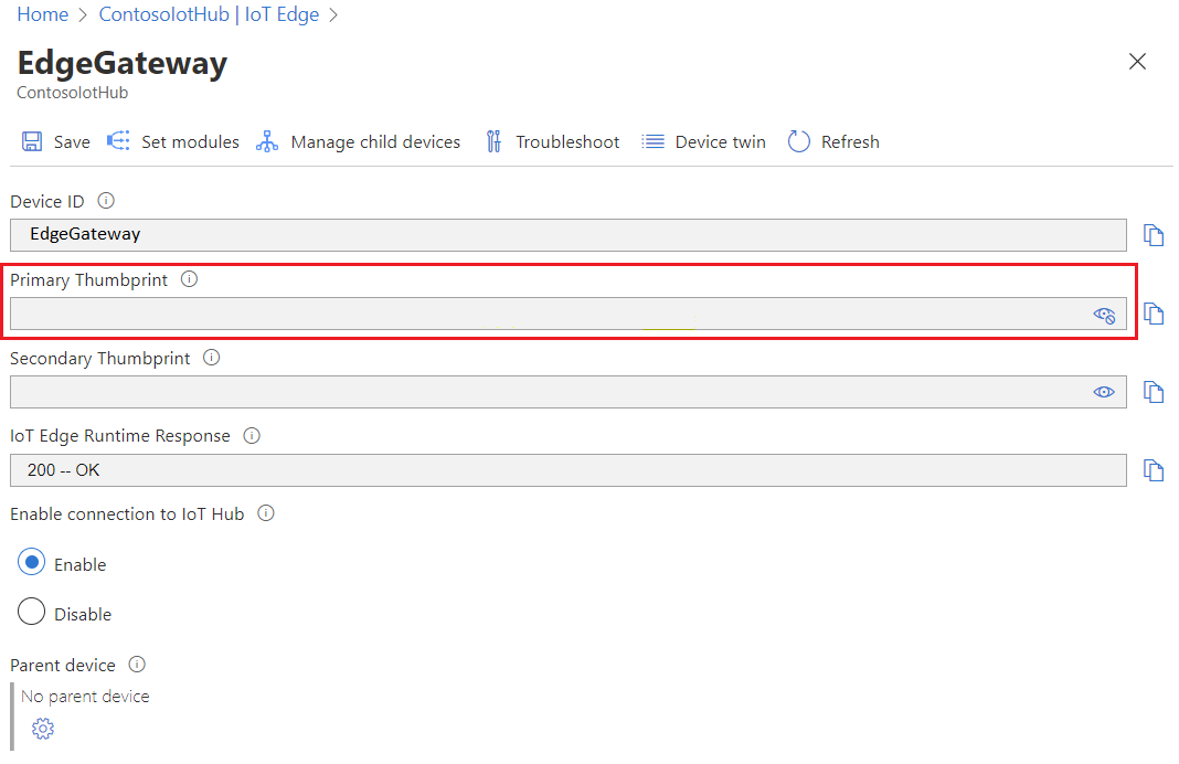 Schermopname van Azure Portal van de vingerafdruk van het EdgeGateway-apparaat in ContosoIotHub.