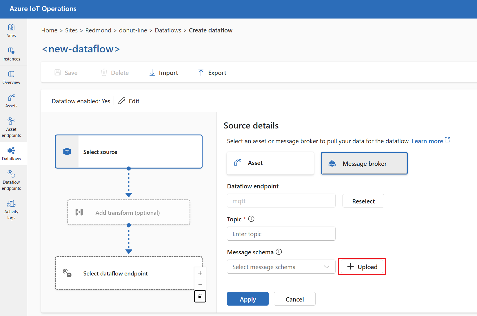 Schermopname van het uploaden van een berichtschema in de operations experience-portal.