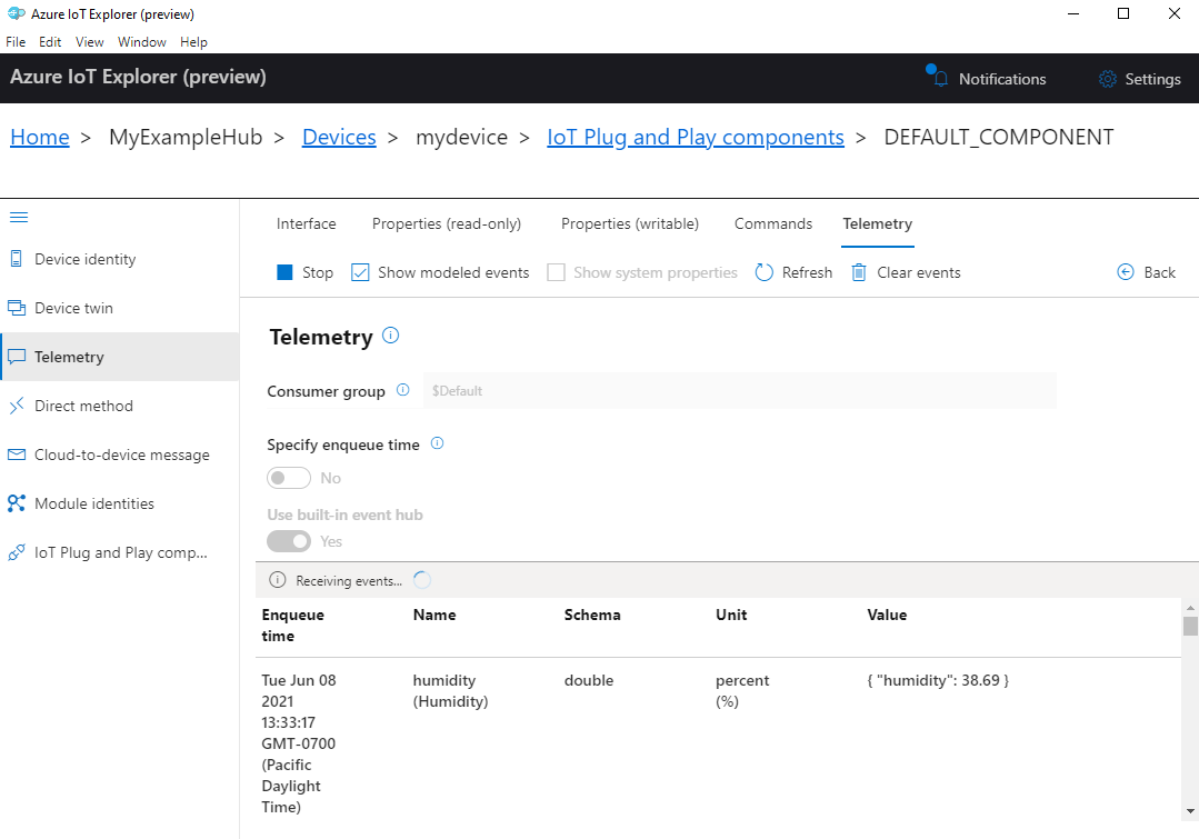 Schermopname van gemodelleerde telemetriegebeurtenissen in IoT Explorer