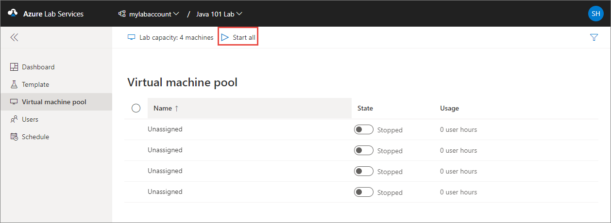 Schermopname van de pagina Virtuele-machinepool met de knop Alle starten gemarkeerd.