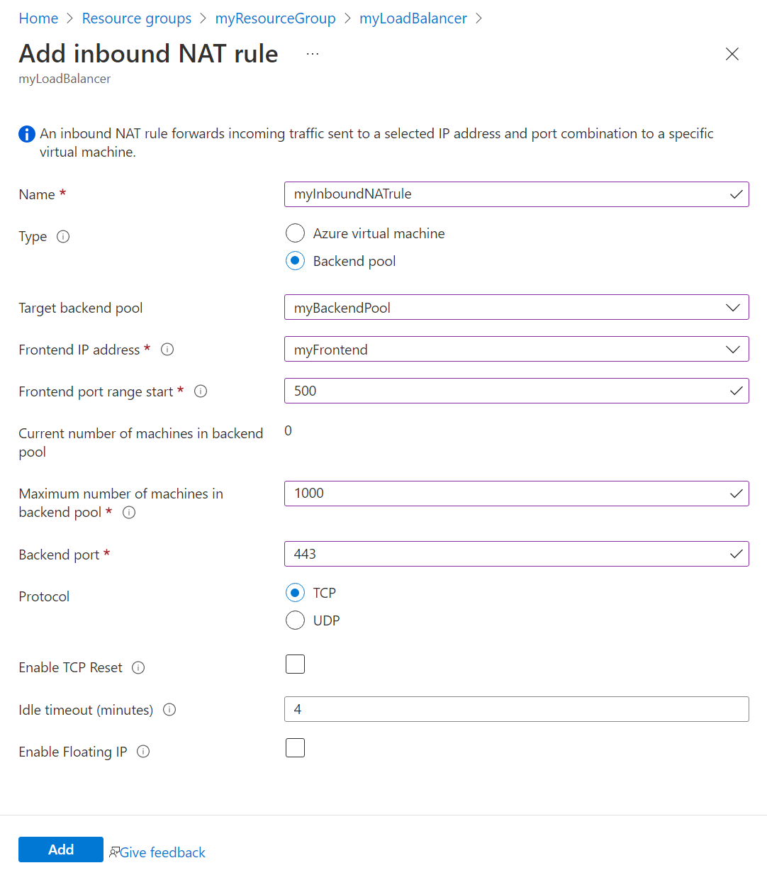 Schermopname van een binnenkomende NAT-regel voor meerdere virtuele machines.