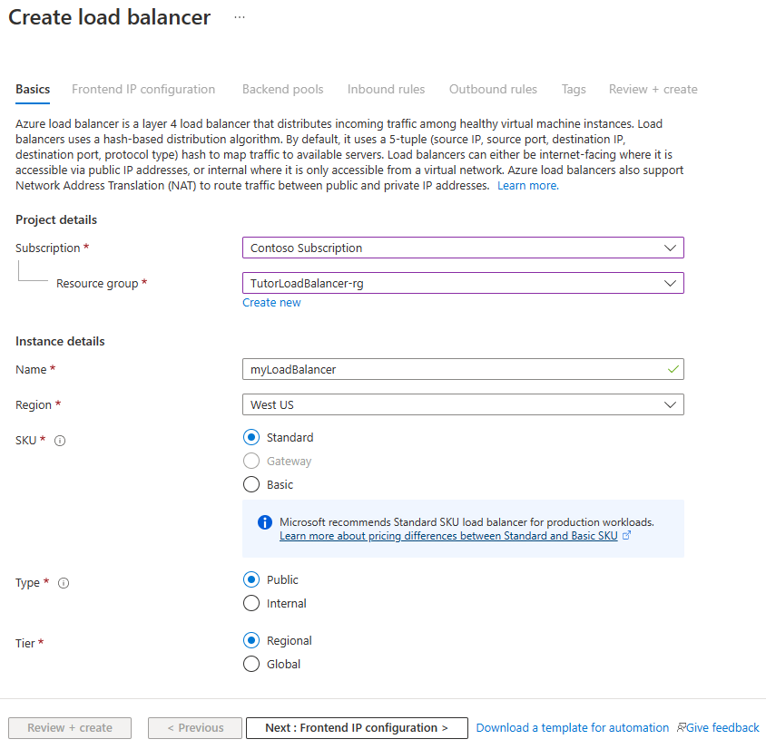 Schermopname van het tabblad Standaard load balancer maken.